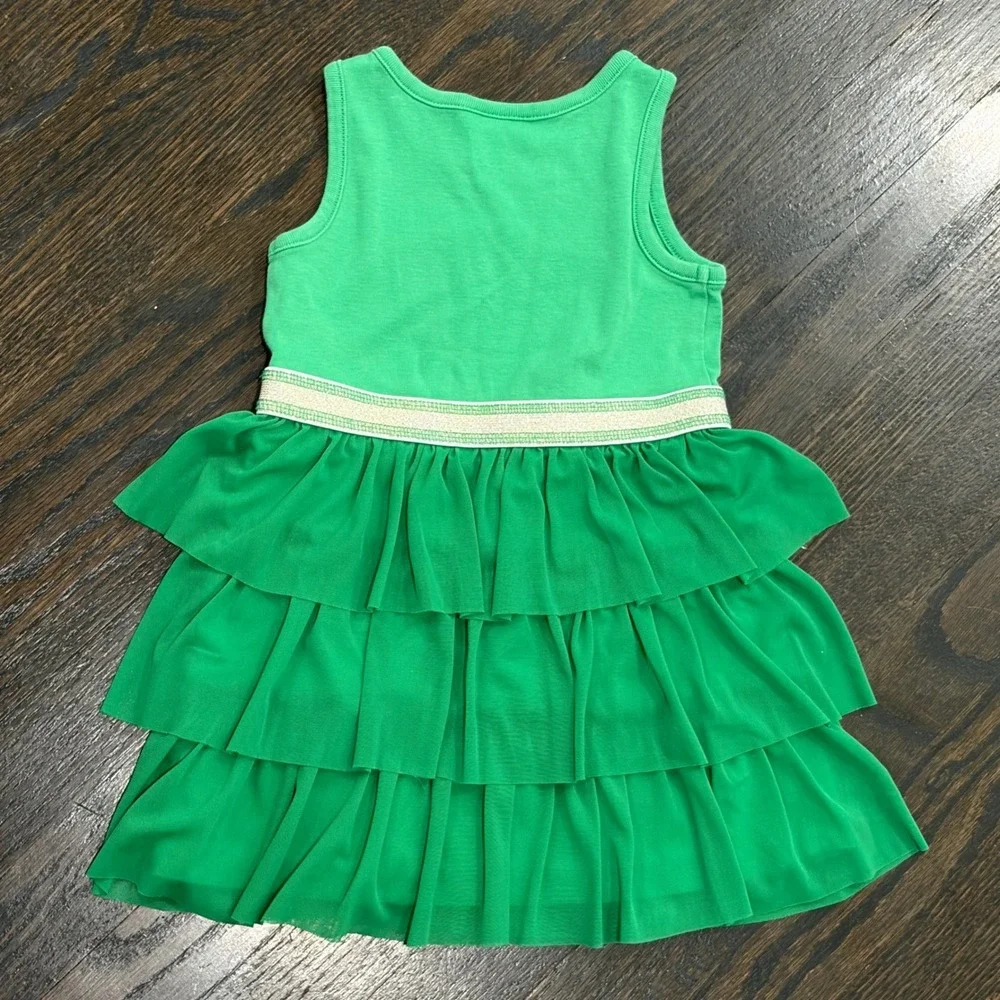 Hanna Andersson Ruffle Tiered Dress‎ Kids 90 3T Green Gold Sparkle Waist